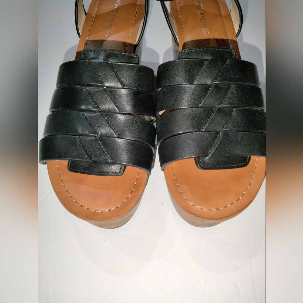 Marc Fisher (Size 8.5) Black Leather Strappy Open Toe Wedge/Platform Sandals - Picture 6 of 13